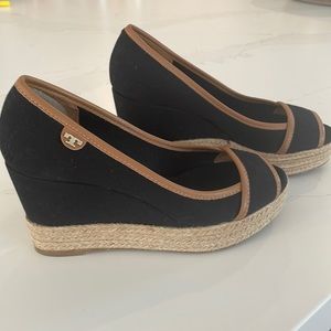 Tory Burch | Majorca Black Canvas Brown Leather Espadrilles Wedges Heels 5.5.